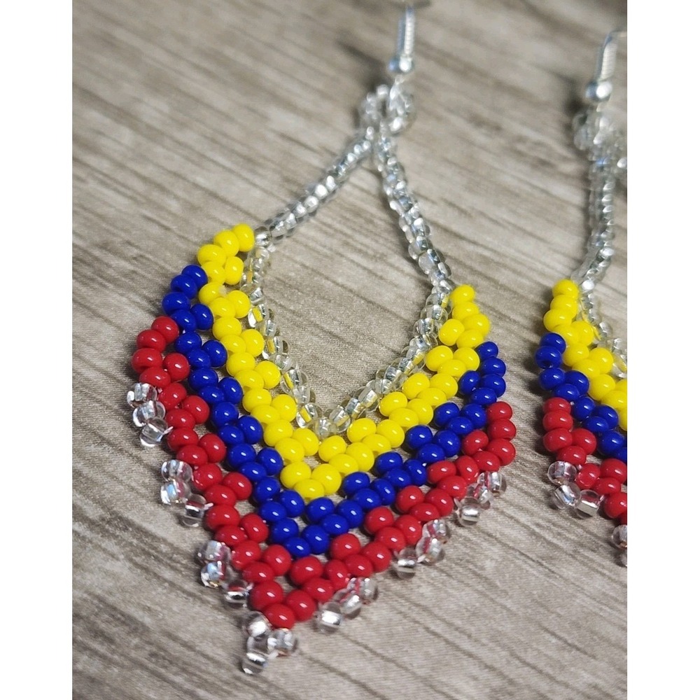 Handmade Seed Bead Earrings Colombia Flag Colors Boho Dangle Teardrop Jewelry - Picture 3 of 5